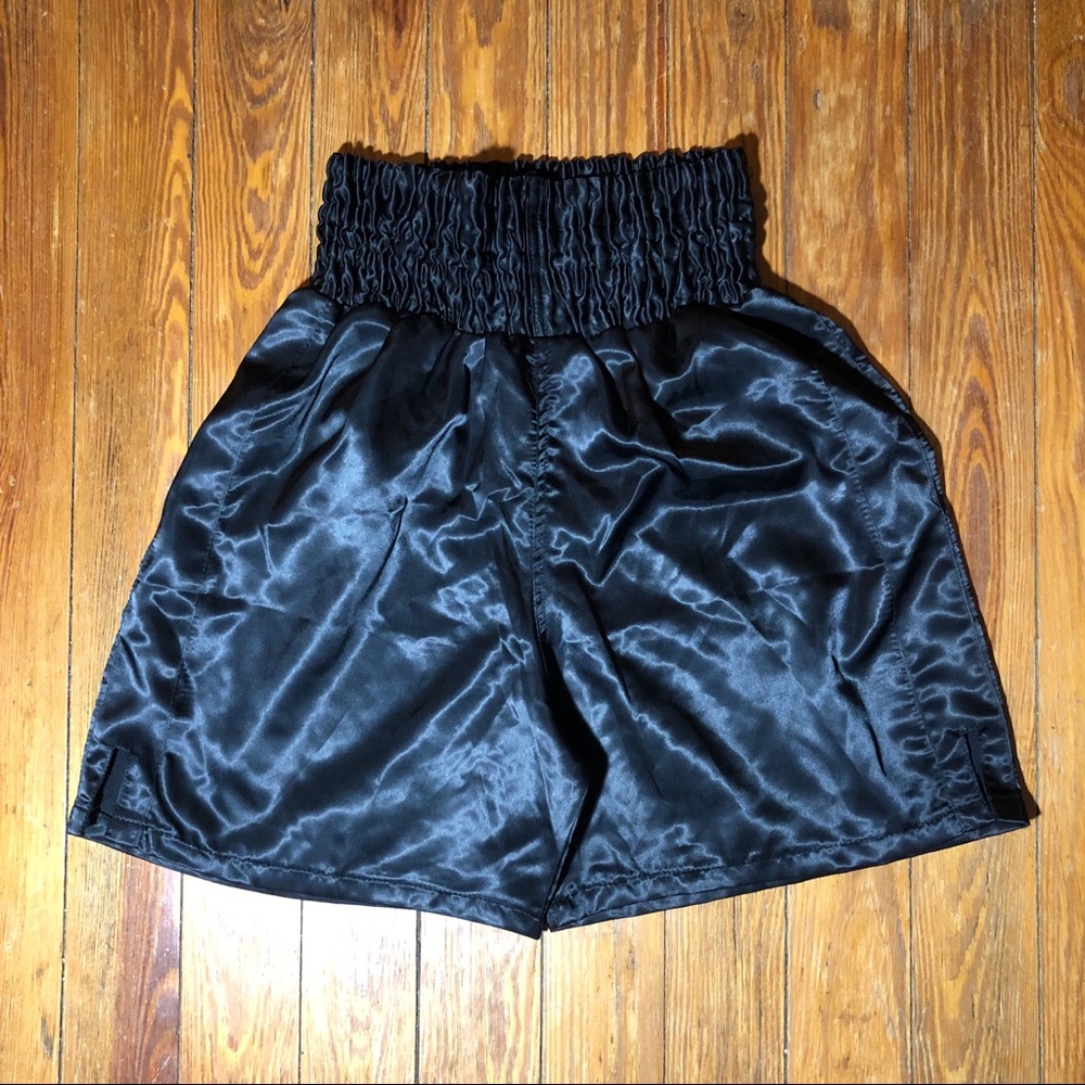 Solid black satin boxing trunks shorts